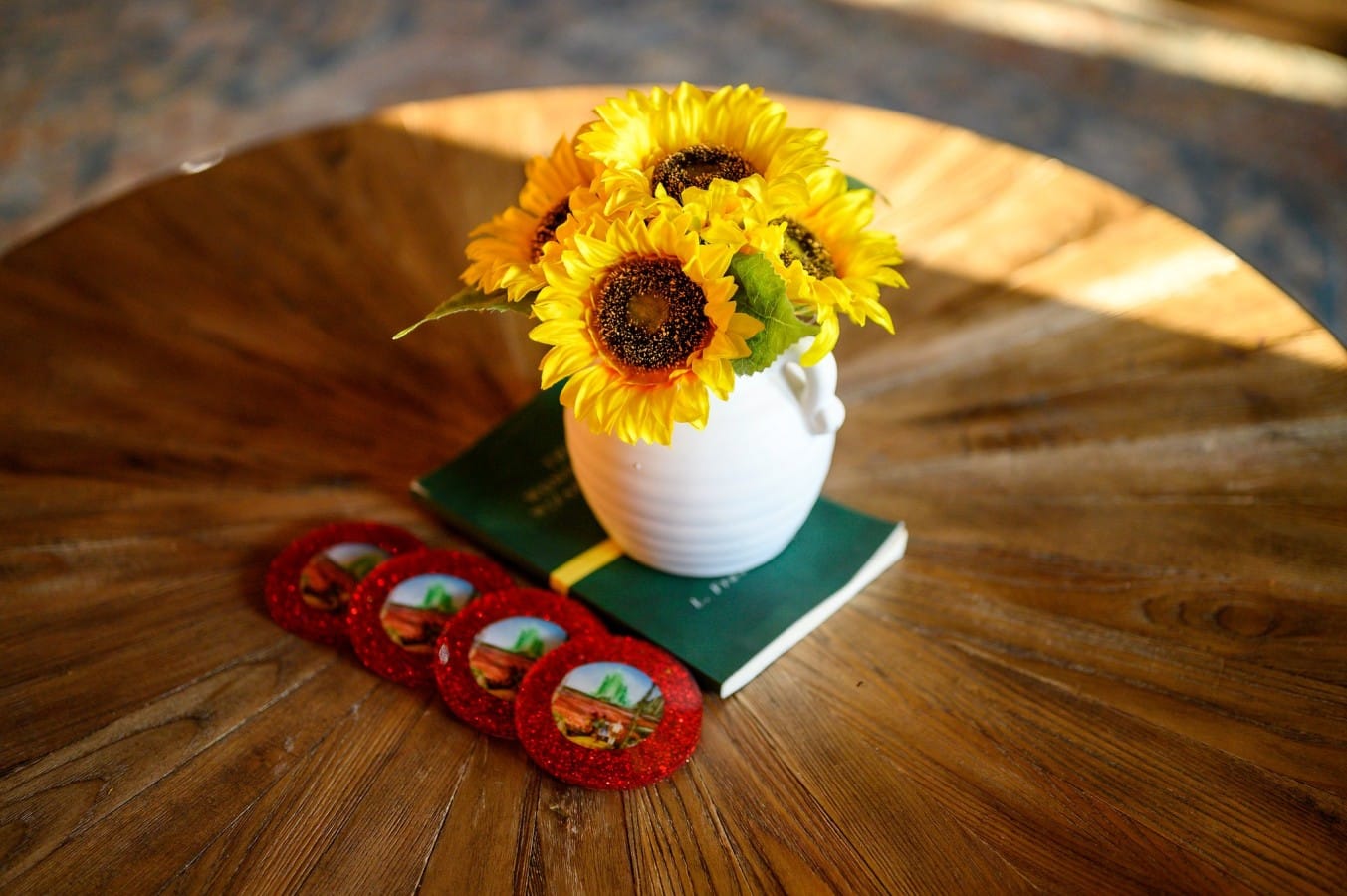Dining detail with warm sunflower styling.