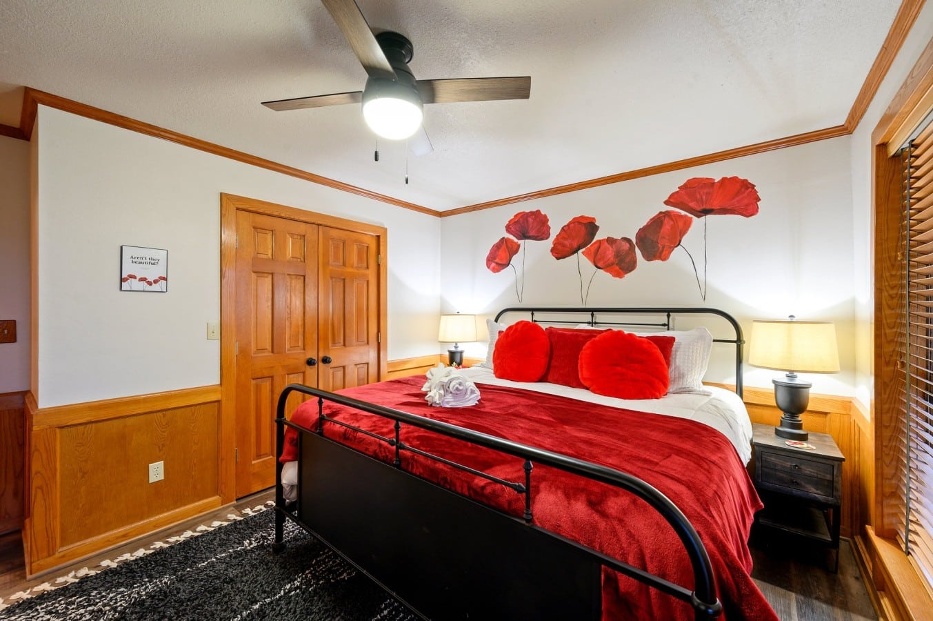 Red bedroom with TV, ceiling fan, and bold wall decor.