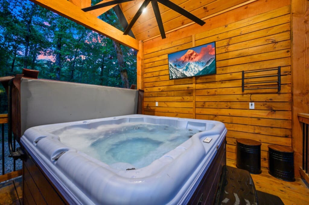 Immerse yourself in comfort and entertainment—our hot tub is your go-to spot for a rejuvenating soak and engaging fun.