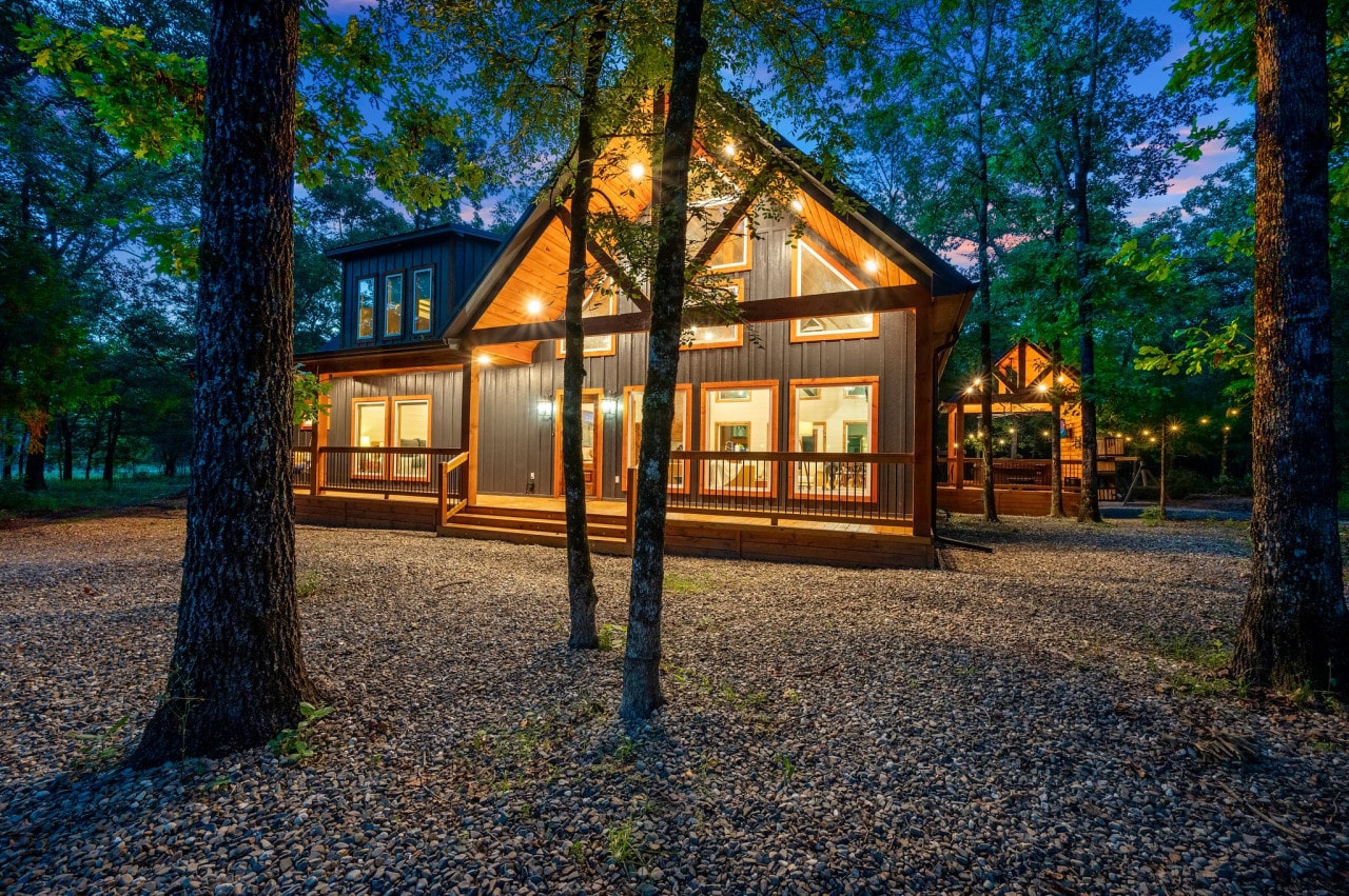 Greet each day with a serene front view of our cabin, nestled perfectly in its natural surroundings..