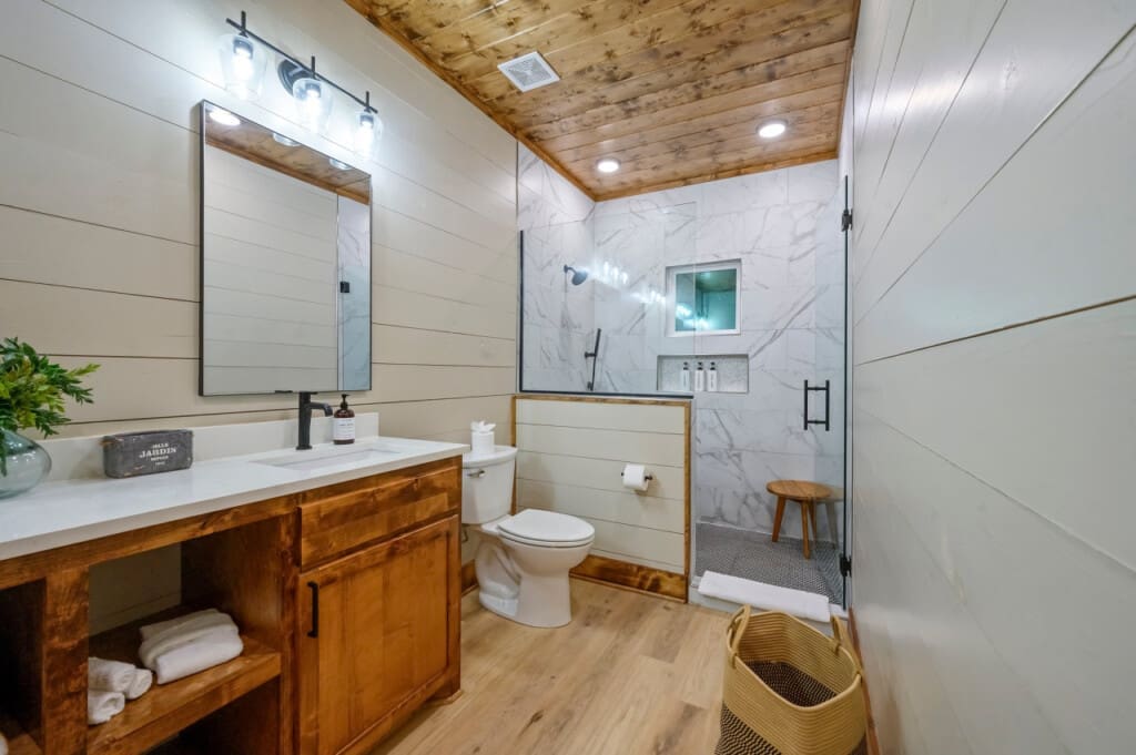 Step into a sanctuary of calm with our beautifully designed bathroom, where relaxation is key.