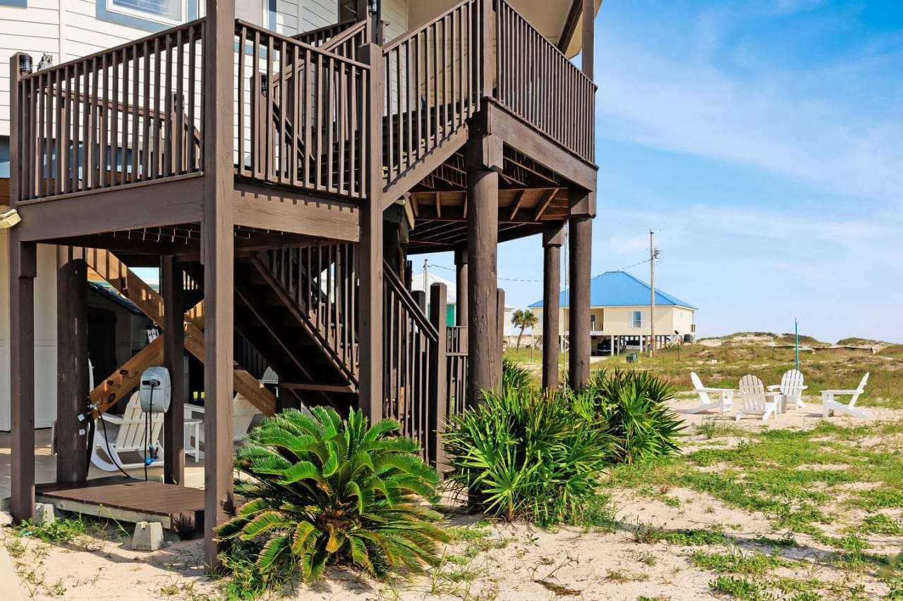 Timber Trail: Follow the inviting cabin stairway to elevated comfort.