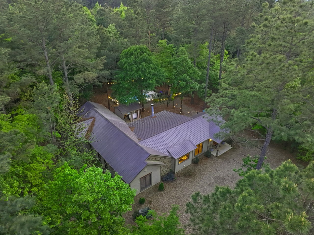 The cabin's unique architecture blends seamlessly with the surrounding nature.