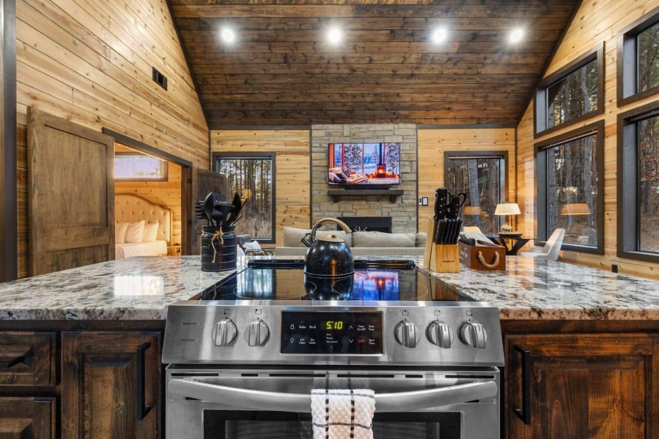 A cabin kitchen, where comfort food meets the forest.
