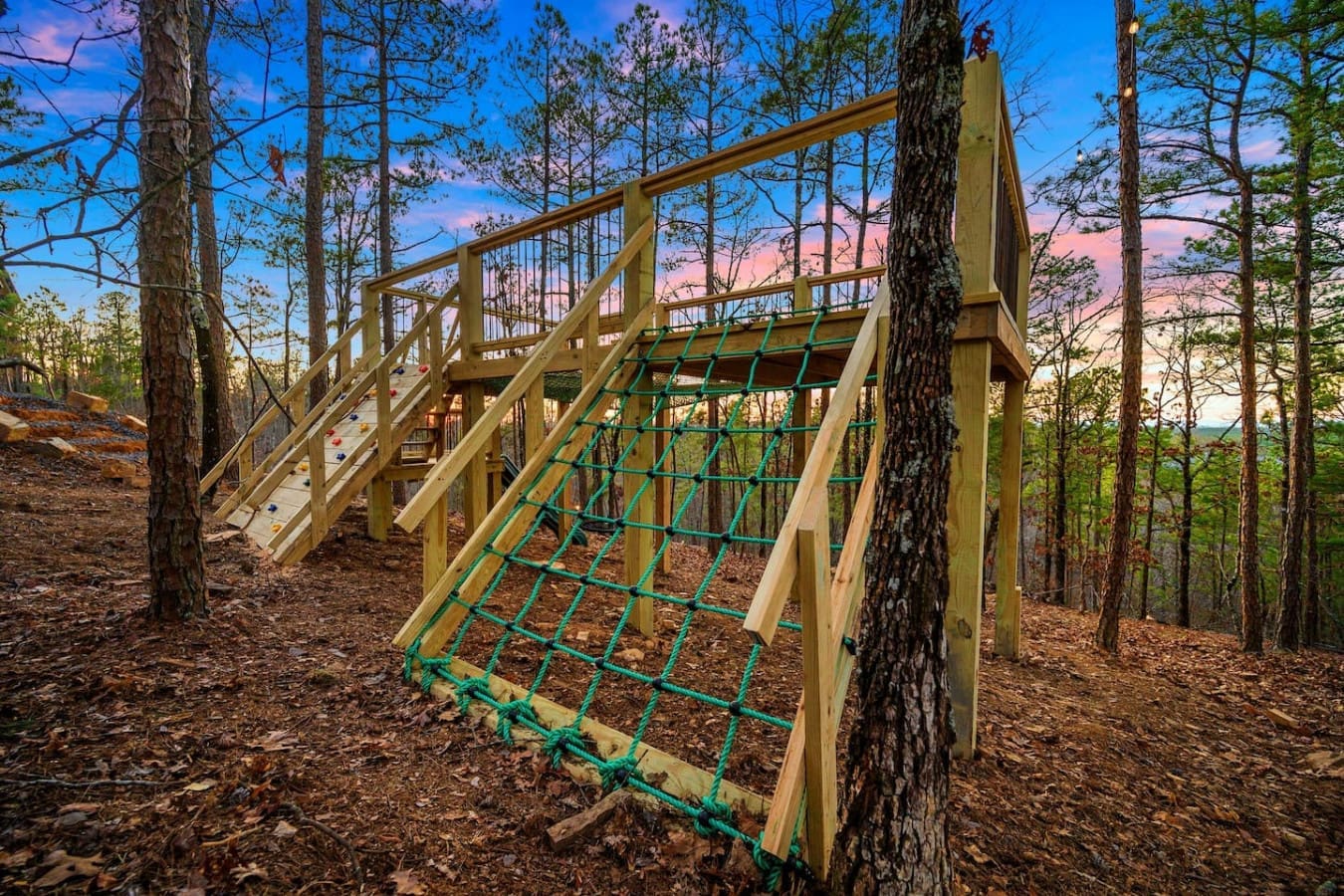 This awesome rope climb structure nestled among the pines is perfect for getting your adrenaline going or just having fun with the kids while surrounded by those gorgeous forest views.