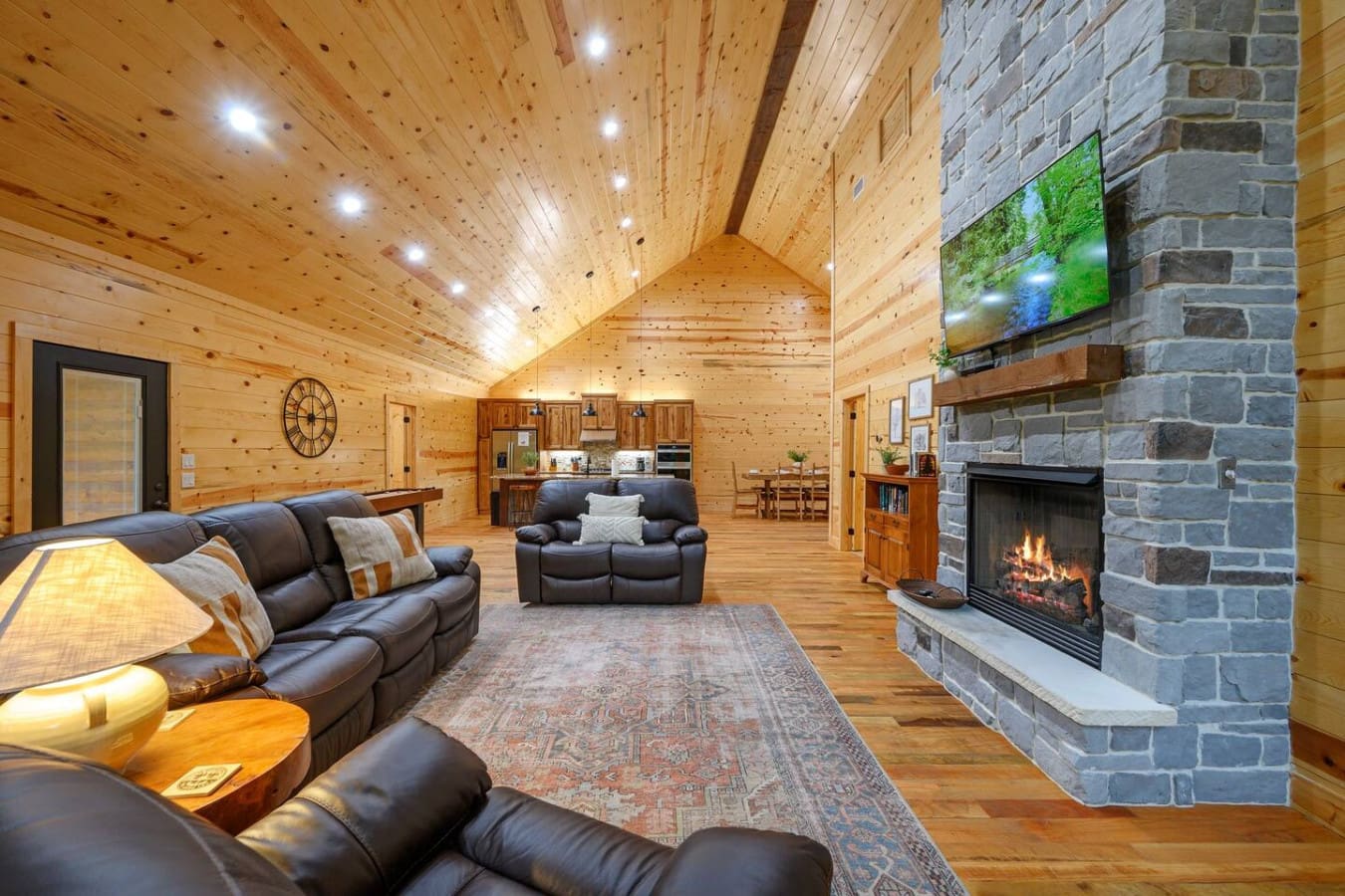Warm up by the stone fireplace after sunset.