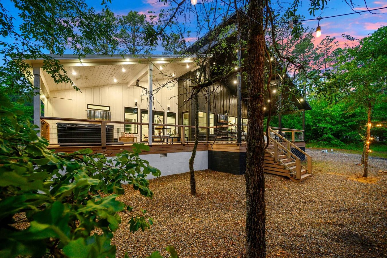 Twinkle lights, tall trees, and total tranquilityu2014this is outdoor living done right.