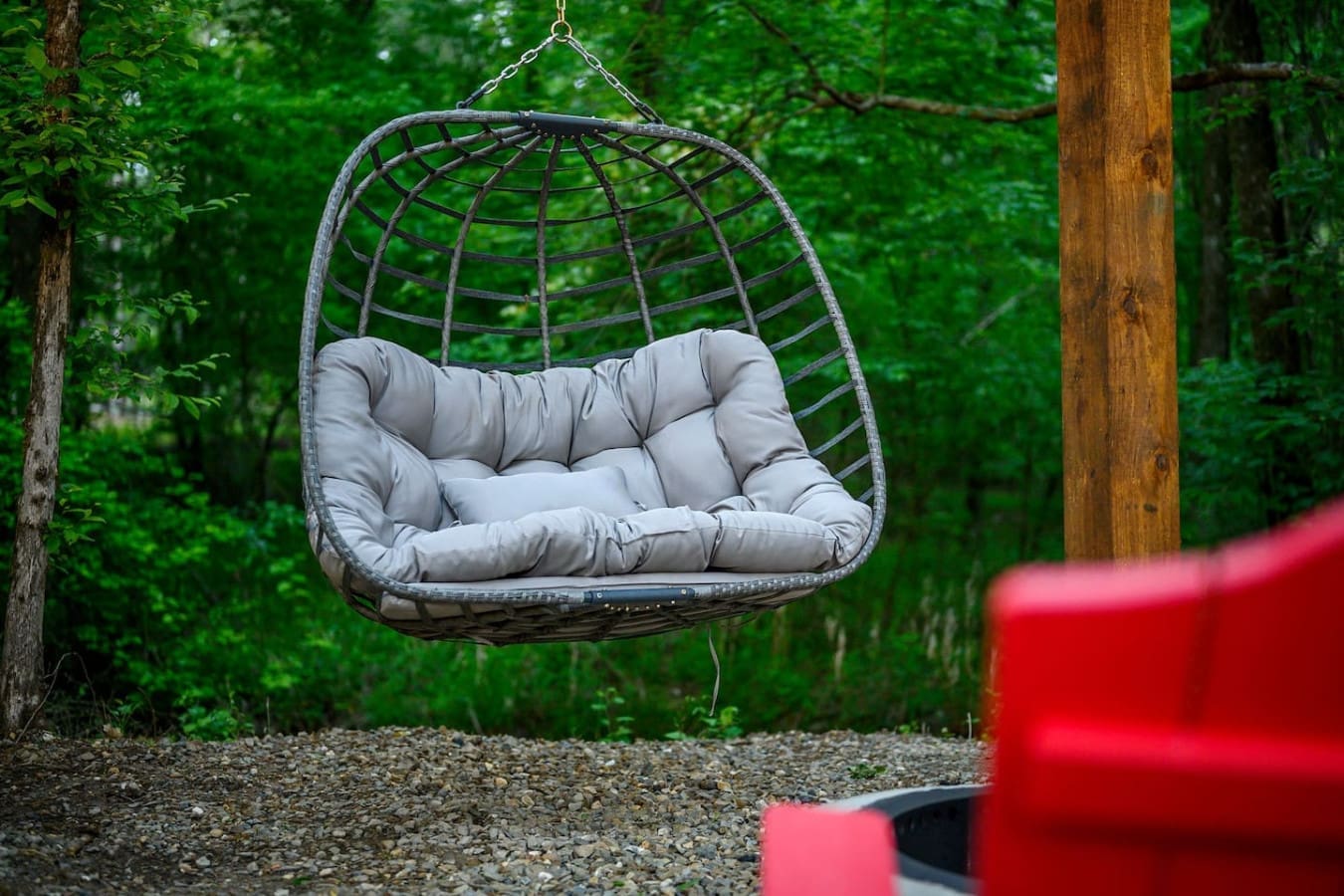 Sink into this hanging pod chair and you'll understand why it's basically impossible to leave once you get comfortable—it's the kind of spot where an hour disappears without you even noticing.
