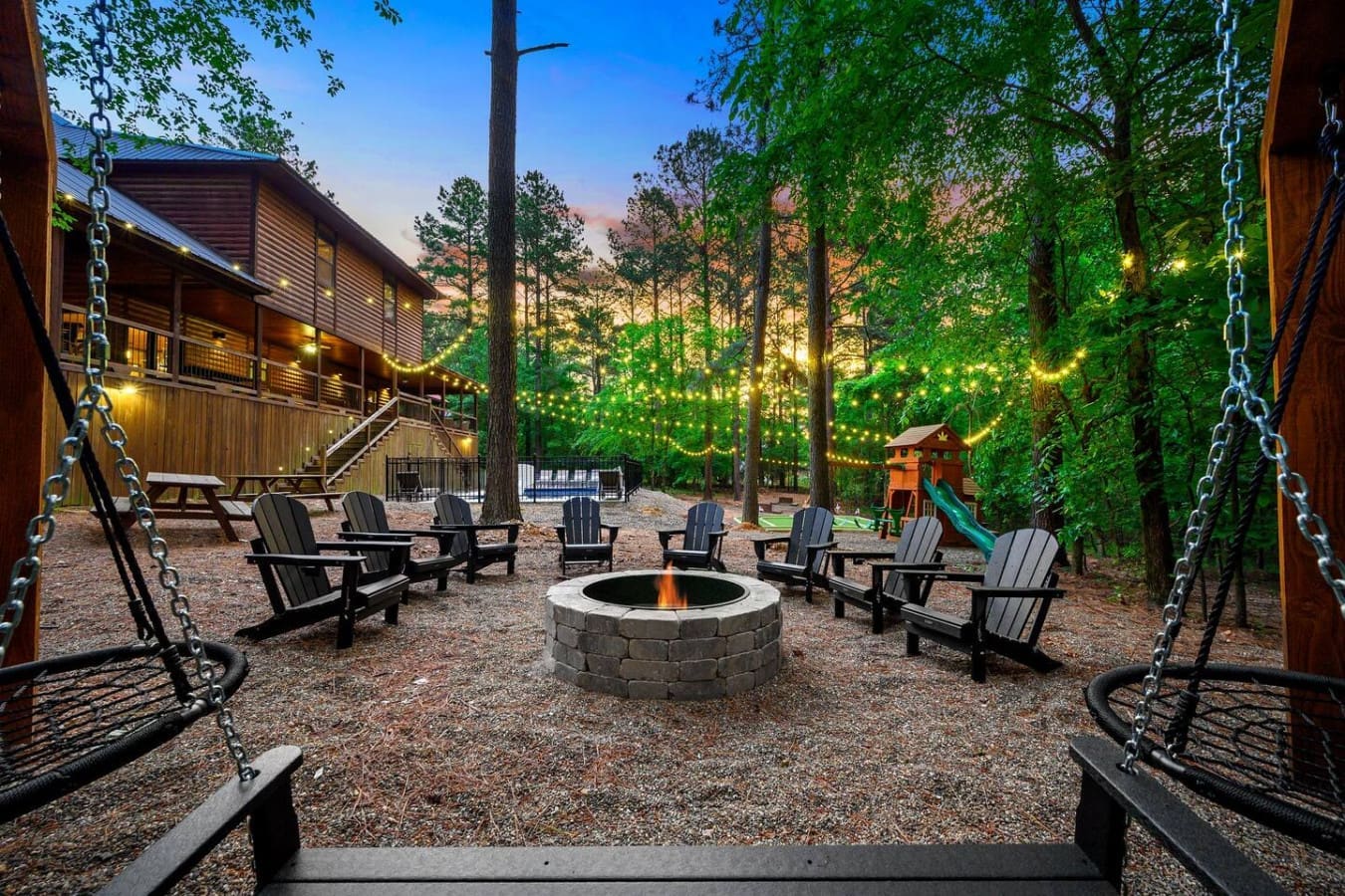 Gather everyone around the fire pit under those string lights, and you've basically got the whole vibe of why people book places like this in the first place.