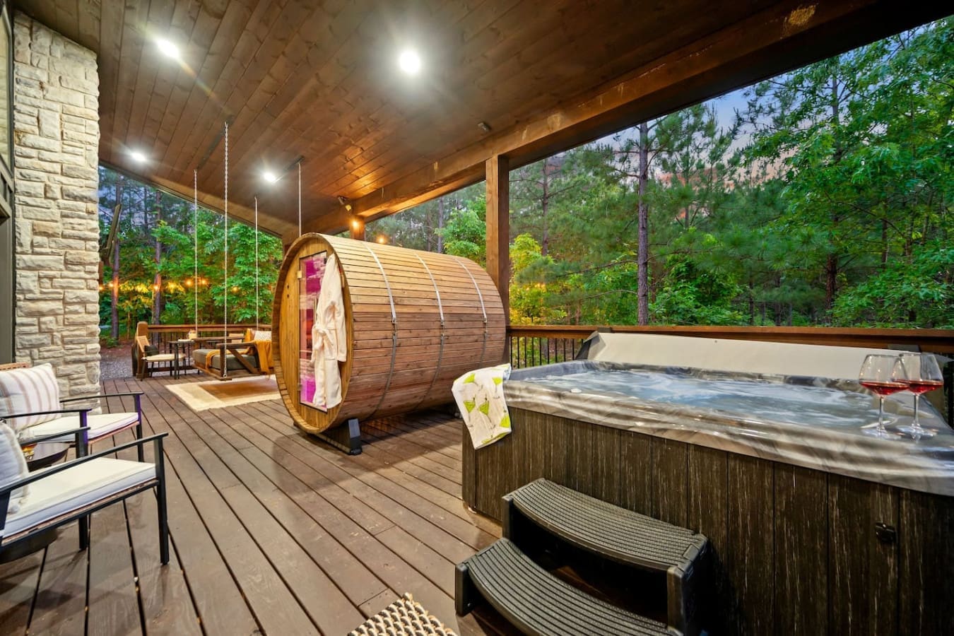 Rustic relaxation meets modern comfort in this warm, bubbling soak.