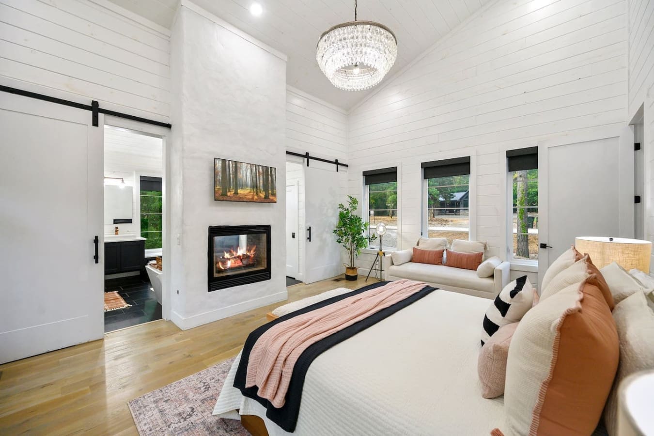 Clean lines, natural textures, and a fireplace at your feet