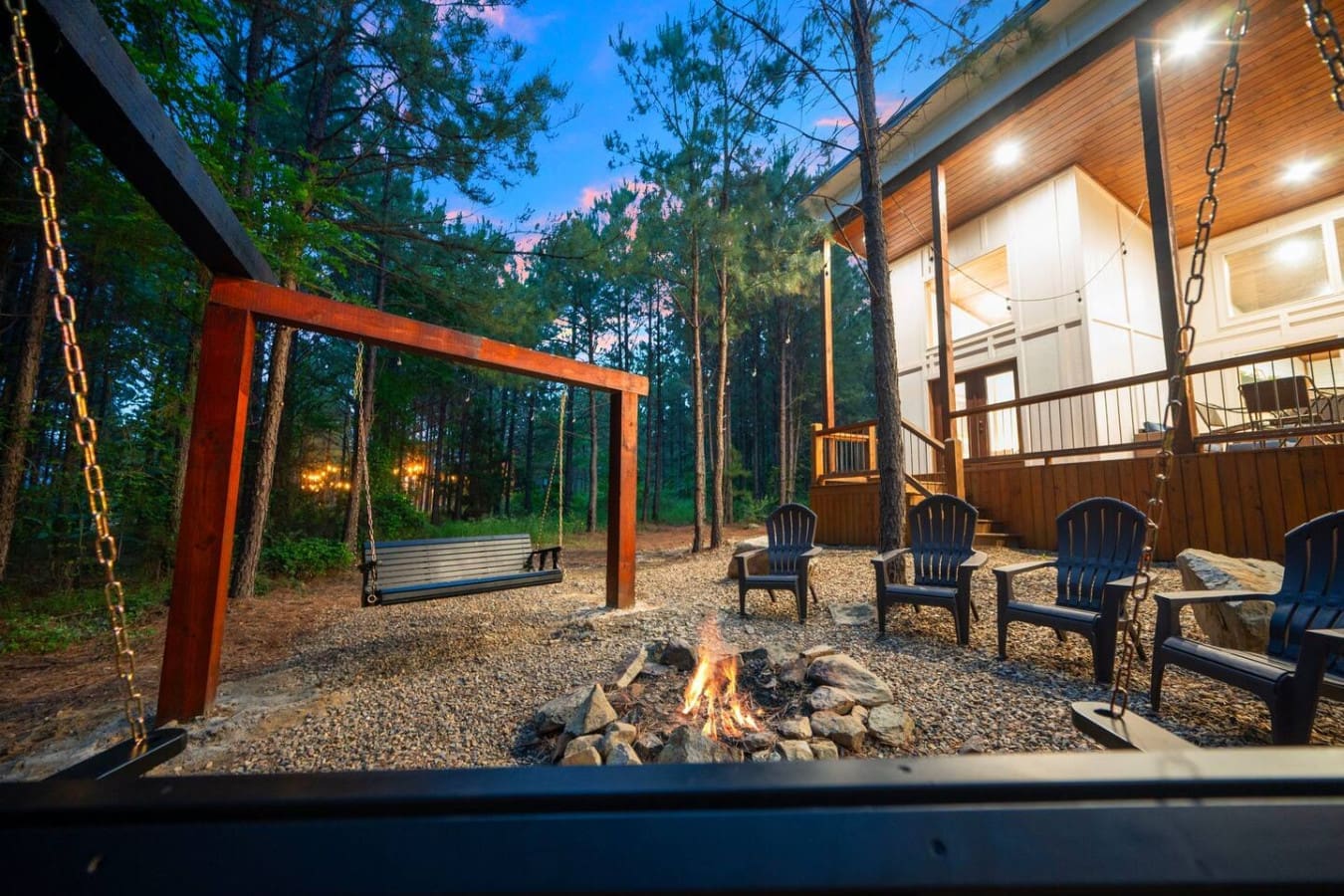 From porch to fire pit, this cabin brings the cozy full circle.