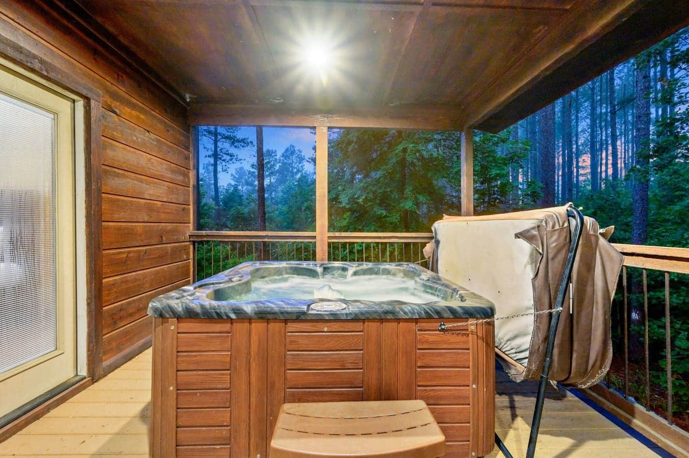 Relax in the steamy hot tub surrounded by nature’s peaceful beauty.