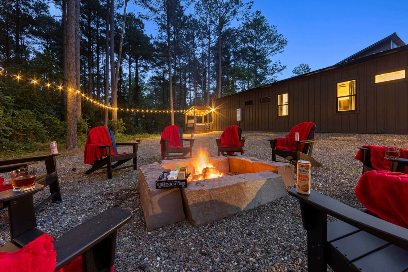 Golden hour, glowing embers, and s’mores within reach — welcome to your perfect night under the pines.