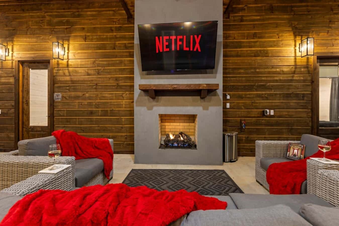 Wine, warmth, and your favorite shows—this is cabin comfort, redefined.