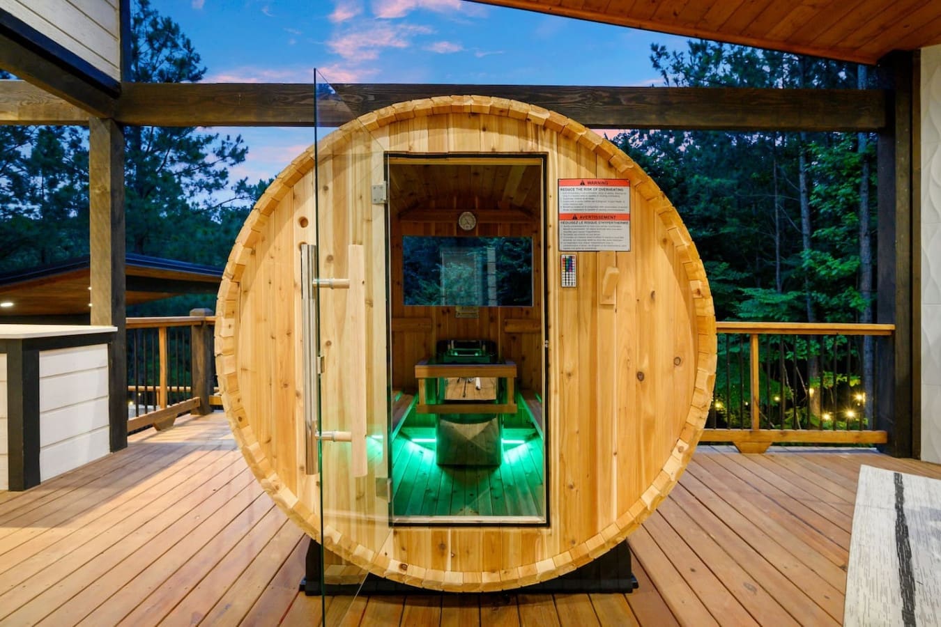 Nothing beats cranking up the heat in that barrel sauna and then catching the cool breeze with an unobstructed view of the woods stretching out in every direction.