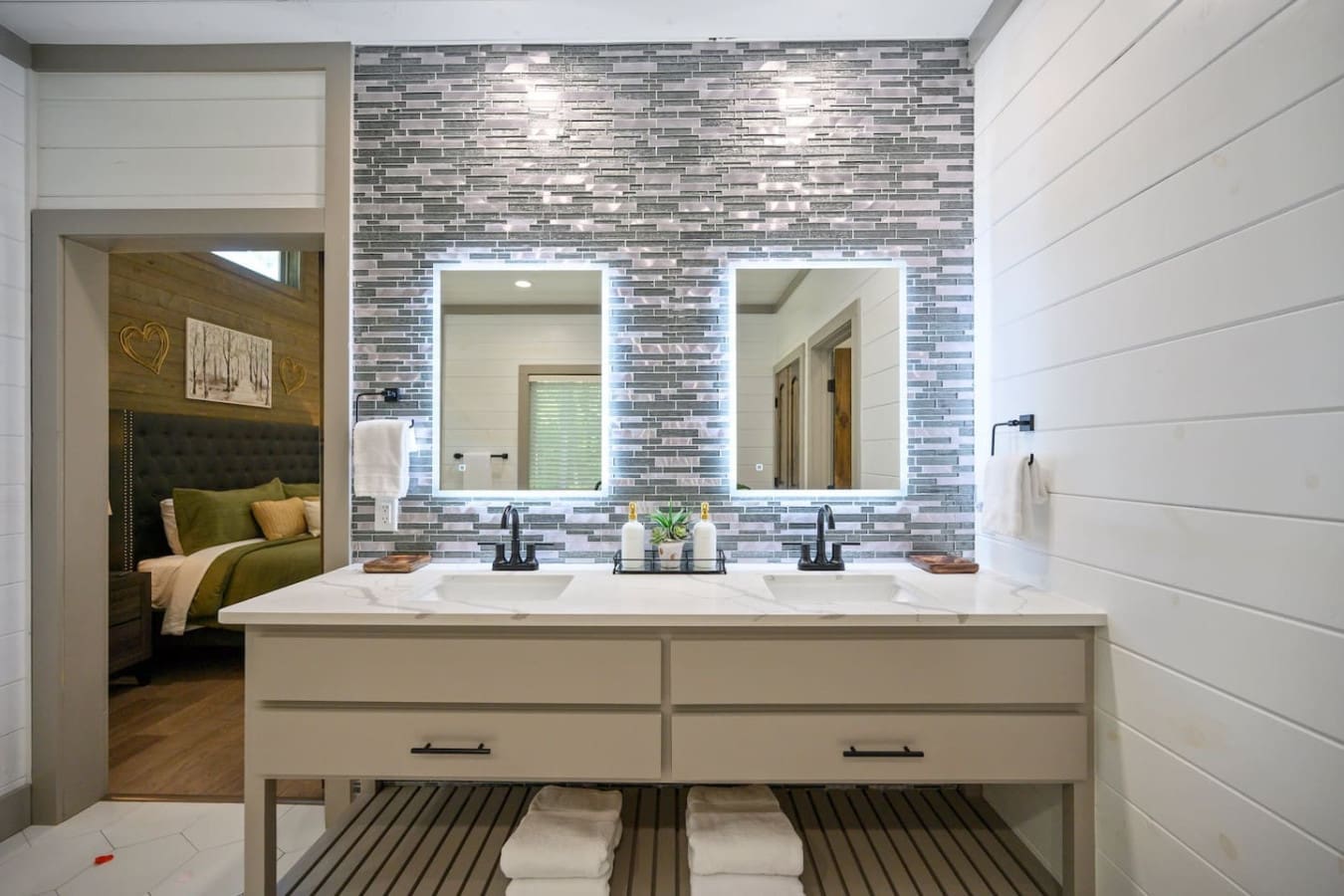 Getting ready together just got a whole lot easier with double sinks and plenty of counter space to spread out.