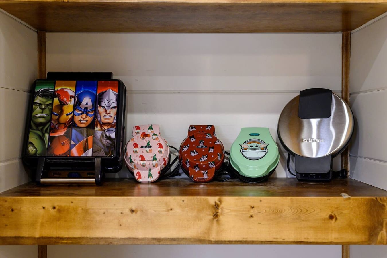 Your favorite kitchen gadgets and waffle makers have their own cozy shelf ready to help you whip up cabin breakfasts.