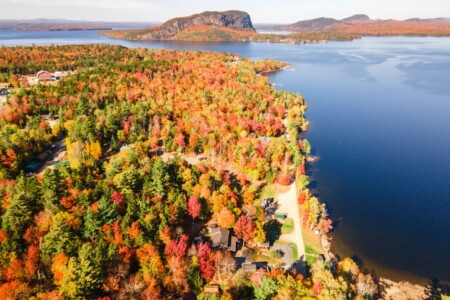 Cabins tucked between the trees and the lake’s gentle waves.