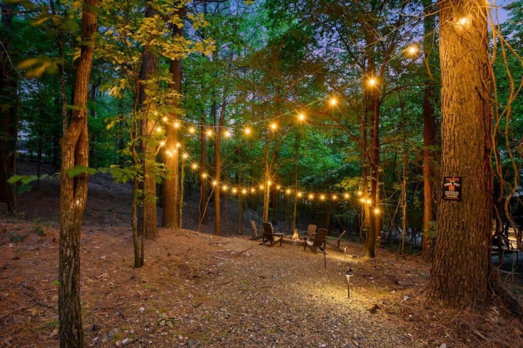 Amongst the giants, our cabin stands as a cozy retreat, adorned with string lights.