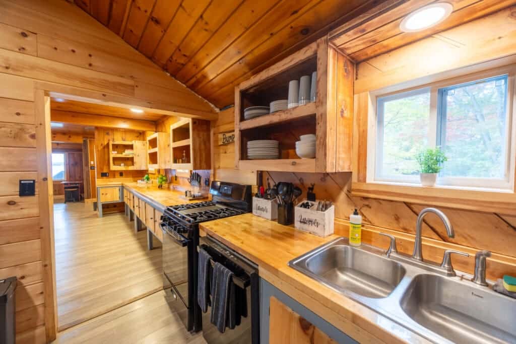 Rustic textures, open shelving, and a view that steals the show.