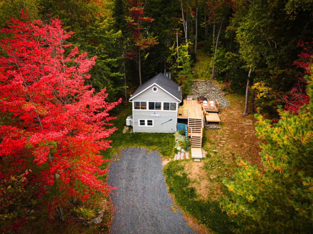 Bird’s-eye view of cabin and grounds.