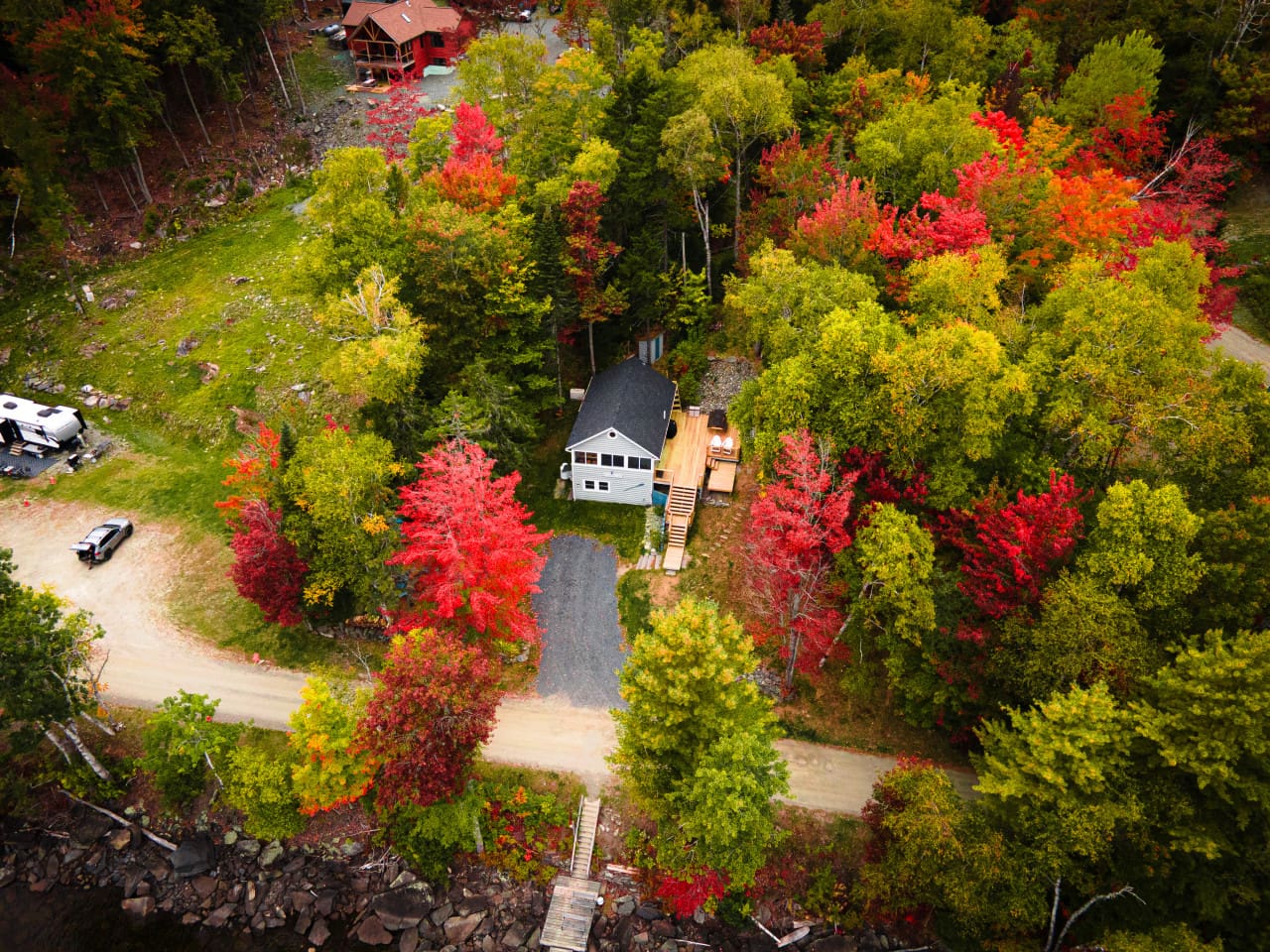 Capture the cabin nestled in nature.