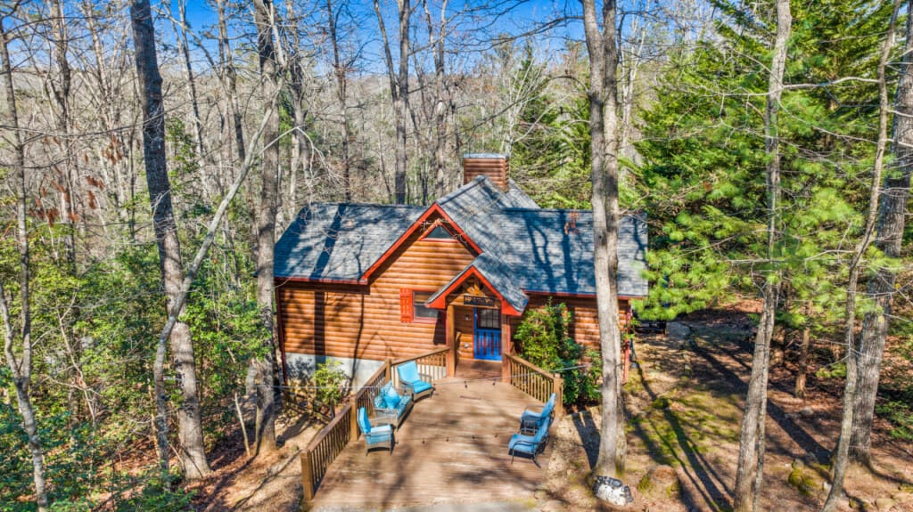 A bird's-eye view reveals the serenity of our cabin nestled amidst nature's embrace.