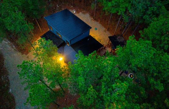 Where the horizon meets our cabin's roofline.