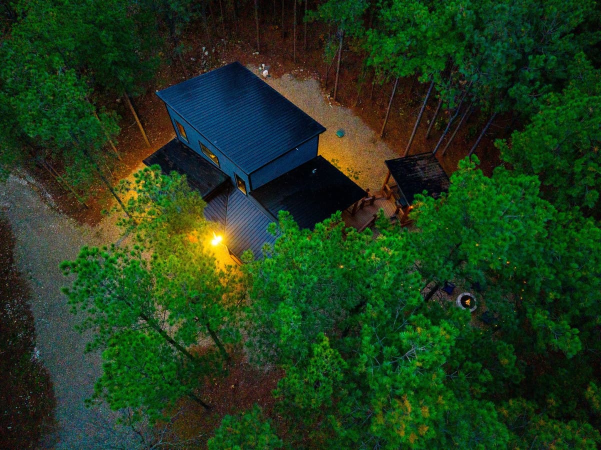 Where the horizon meets our cabin's roofline.