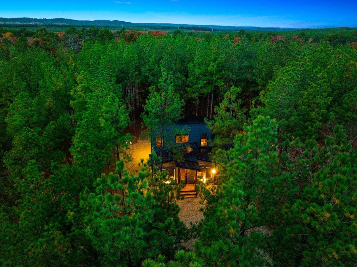 Aerial view of our cozy cabin hideaway.