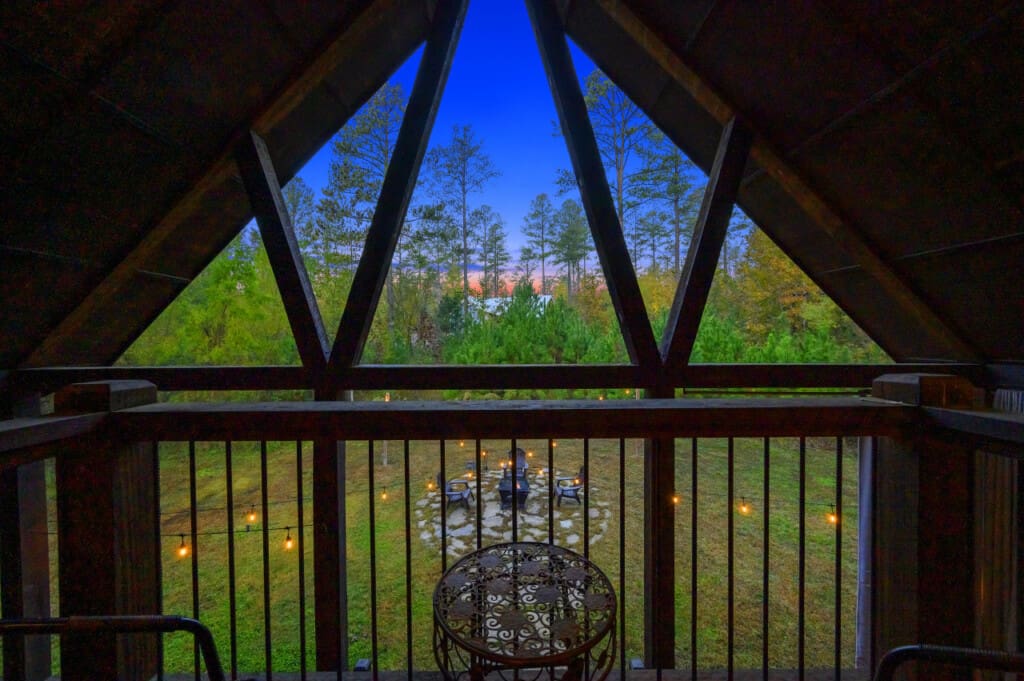 Cozy nights captured through cabin windows.