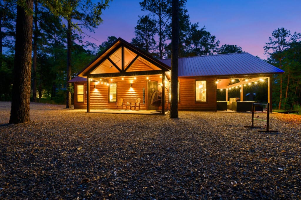 Evening magic: our cabin shines bright
