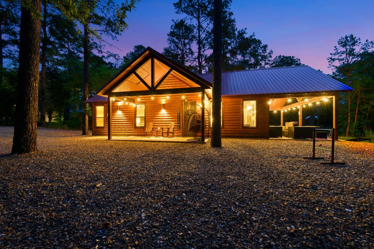 Evening magic: our cabin shines bright