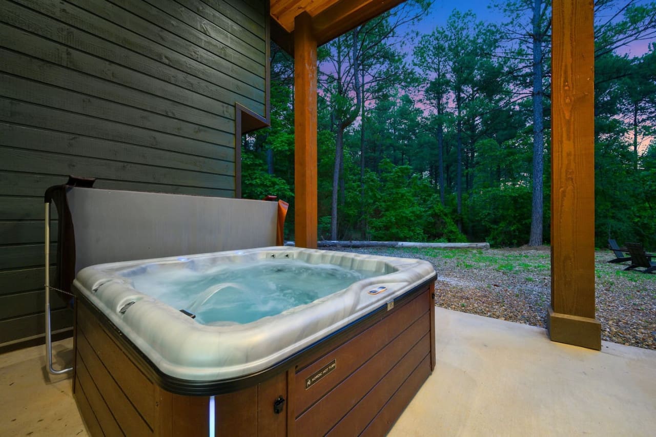 Woodland bliss: enjoying our cabin's hot tub under the stars.