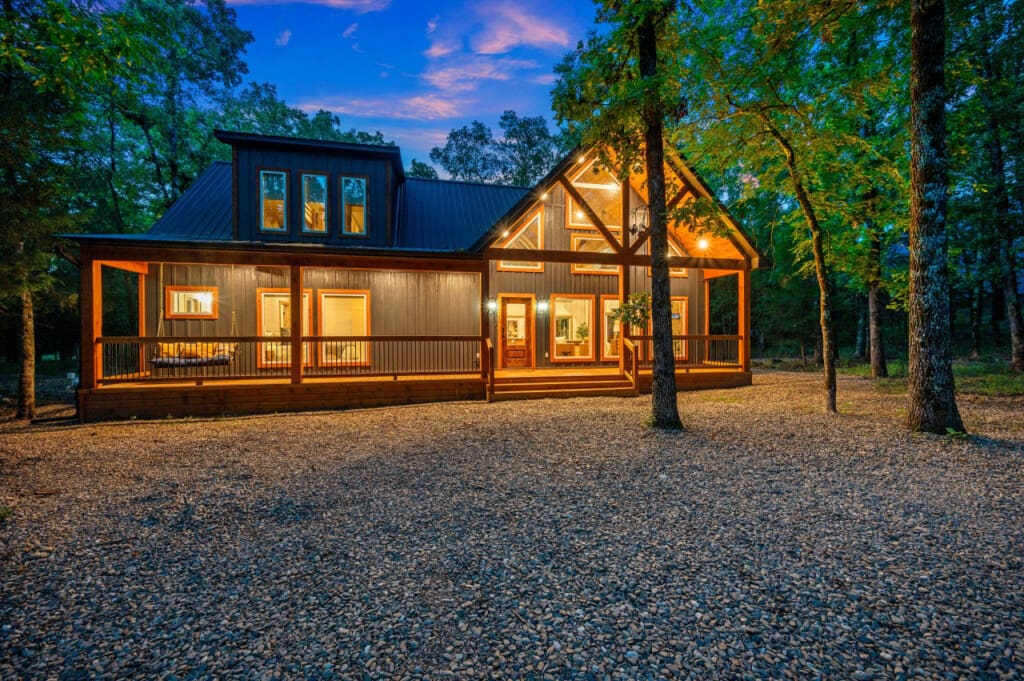 The perfect blend of cozy and picturesque—experience the inviting front view of our cabin.
