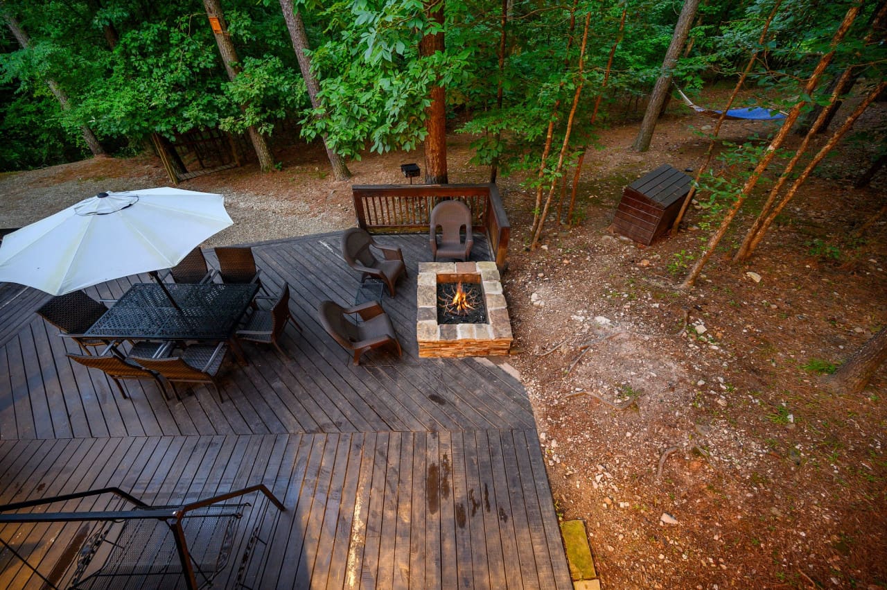Capture the magic of our fire pit's flickering flames from high above.