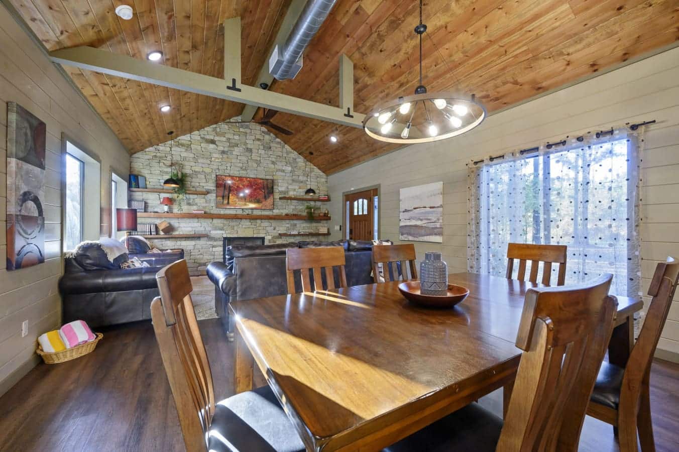 Gather around a rustic dining table.