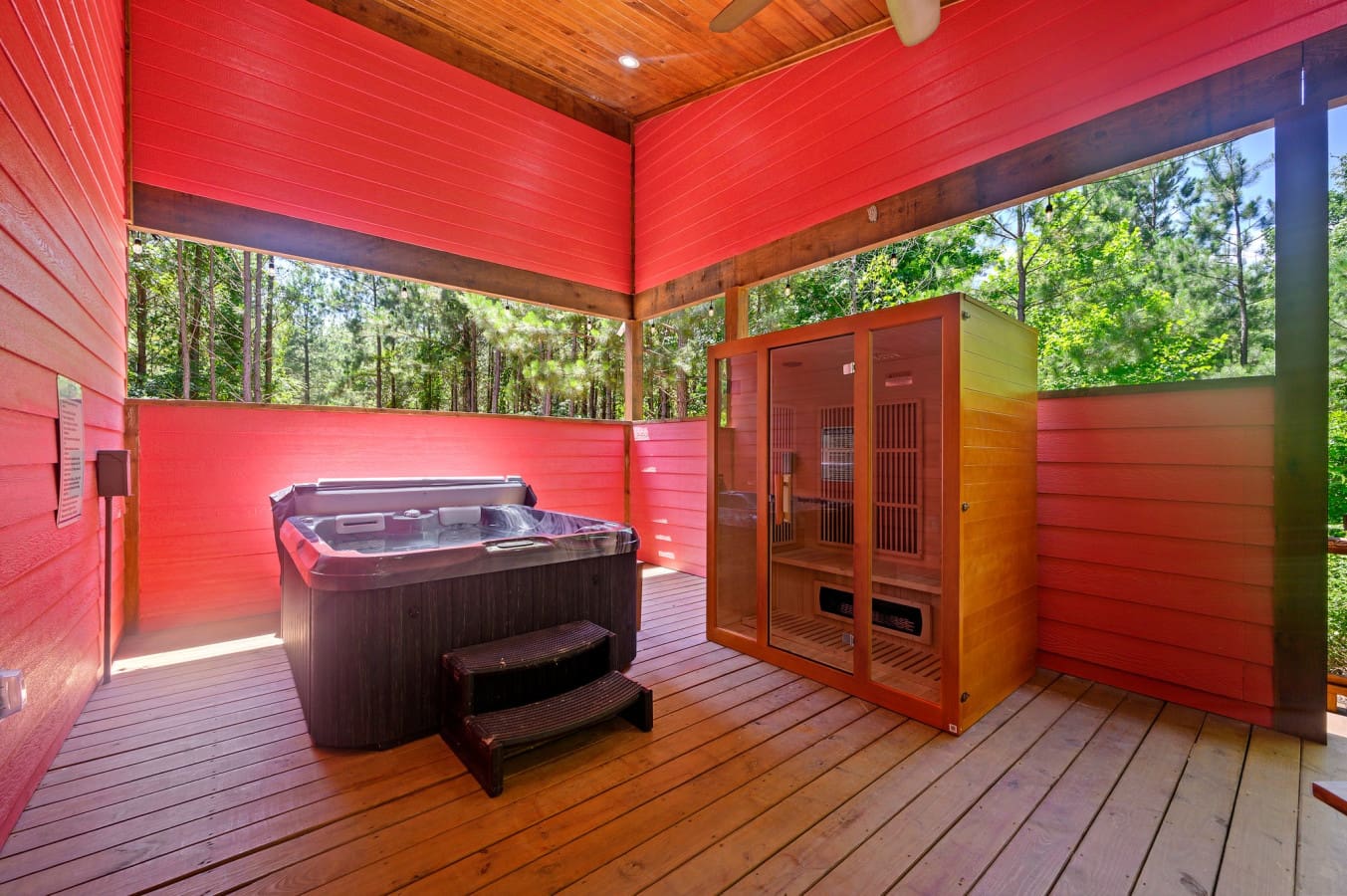 Slip into the sauna, soak in the hot tub, and let the forest views and that vibrant red ceiling basically convince you that you've found your own personal wellness retreat.