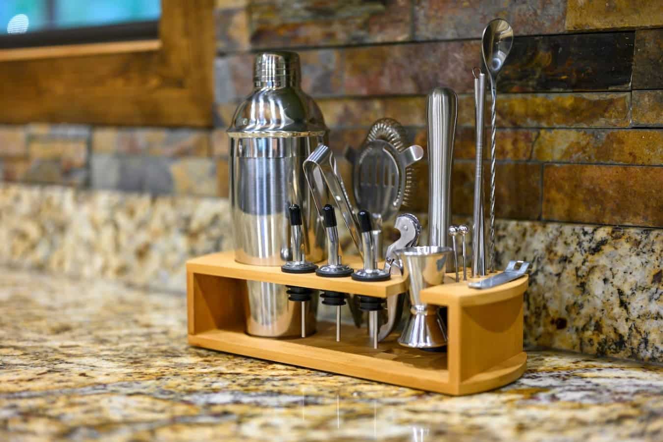 If you're the type who actually uses bartending tools, this little setup on the counter gives you all the gear to mess around and make something interesting.