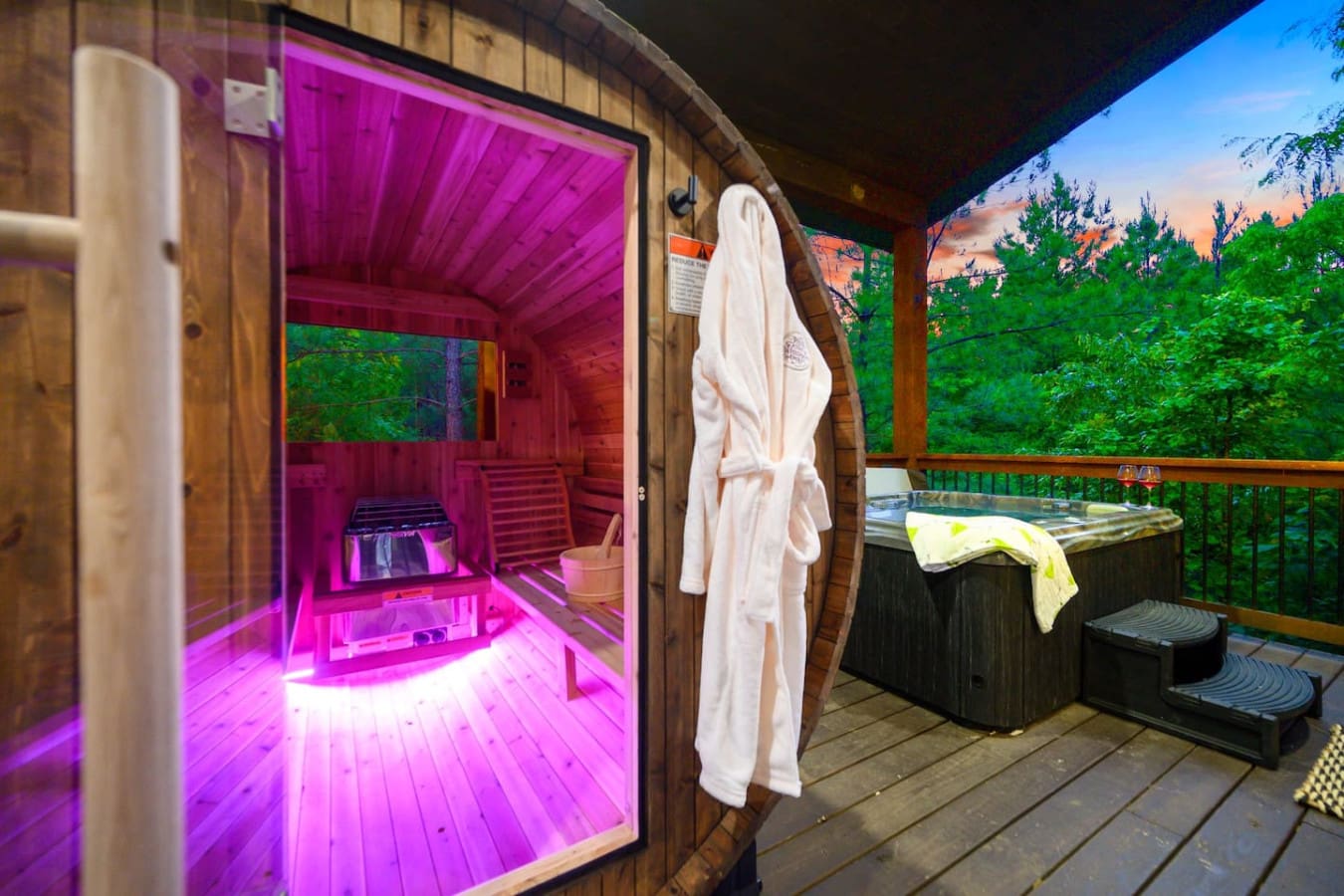 After a long day of hiking, there's nothing better than soaking in that hot tub while the forest vibes around you and then cranking up the sauna to really melt the day away.