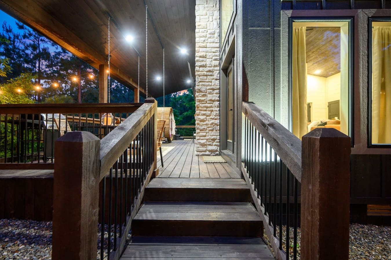 This walkway hits different when the sun dips below the treeline and the whole place glows like you've stepped into your own private retreat tucked away from the rest of the world.