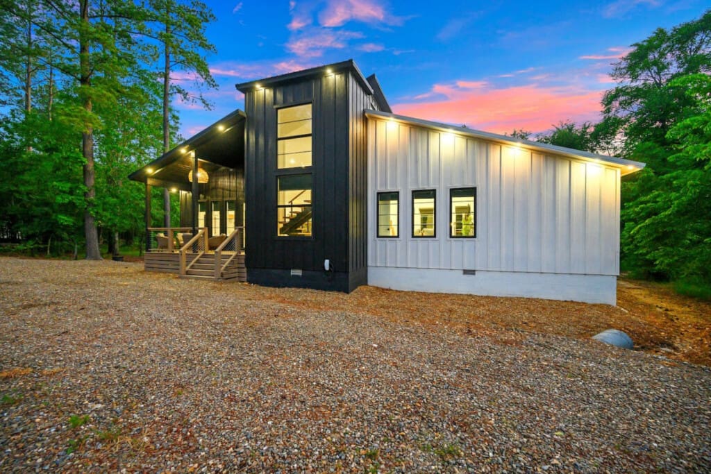 Modern elegance in the woods—where crisp lines meet soft skies and quiet moments begin.