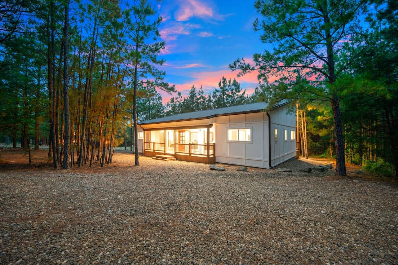 Golden hour meets forest charm in this peaceful retreat.