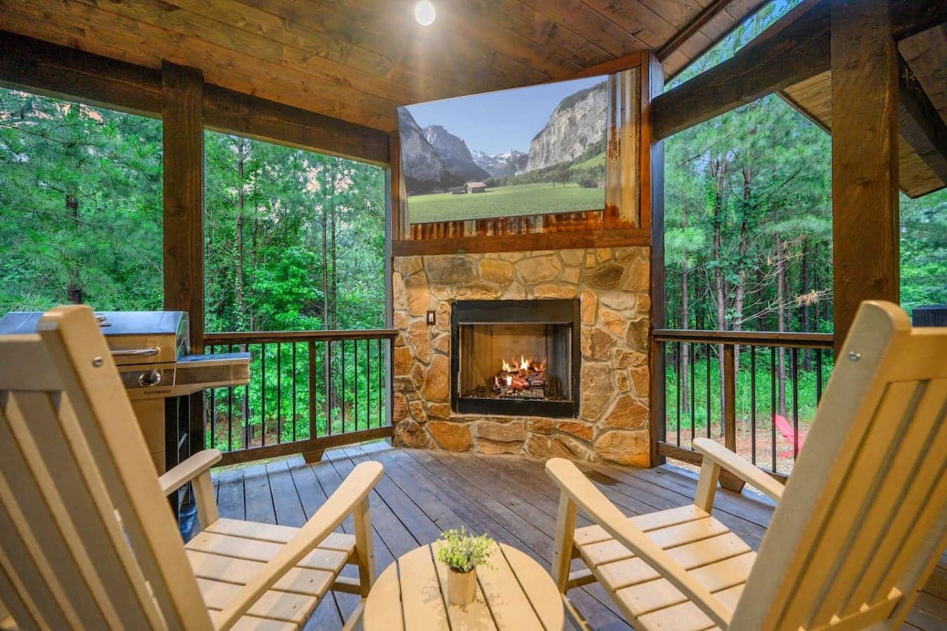 Fireside evenings in the forest unwind, grill, and take in the views from the comfort of this outdoor retreat.