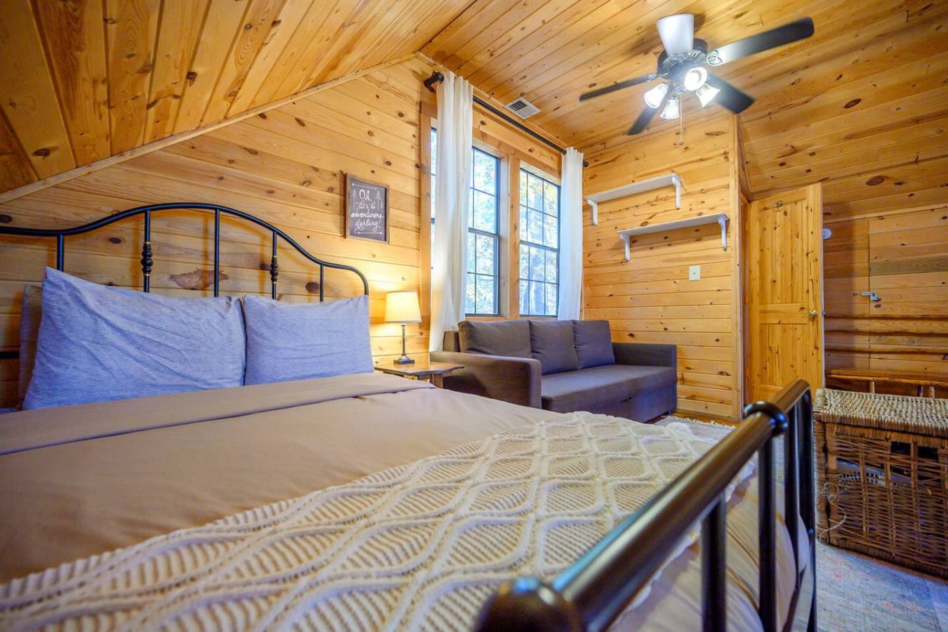 Comfortable sofa in the room, perfect for relaxing, reading, or enjoying quiet indoor moments.
