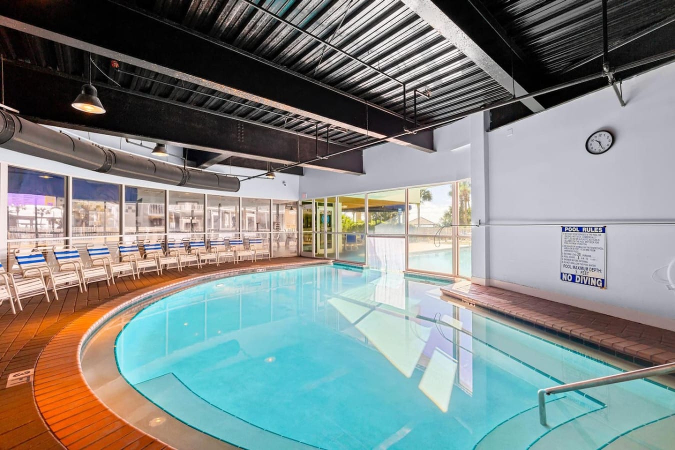 Dive into this indoor pool area and you've got the perfect spot to cool off when you need a break from the sunu2014floor-to-ceiling windows keep that ocean view in sight while you splash around in the heated water.