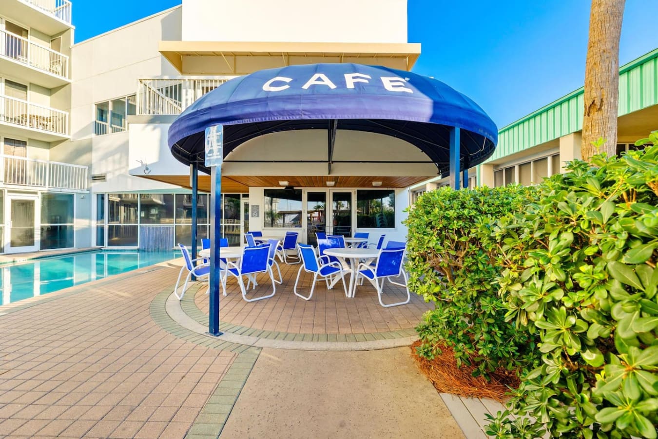 Grab a spot under the cafe's iconic blue umbrella, chill in one of those loungers, and you've got the perfect setup for an afternoon of doing absolutely nothing—except maybe watching the pool sparkle and the ocean shimmer in the distance.
