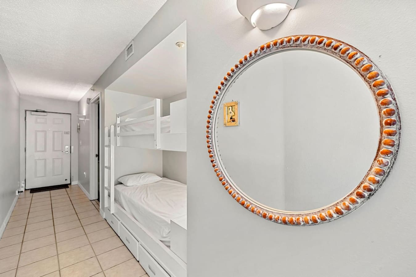 This ornate circular mirror with its warm terracotta detailing adds just the right touch of character to brighten up the hallway and catch those glimpses of natural light as you move through the space.