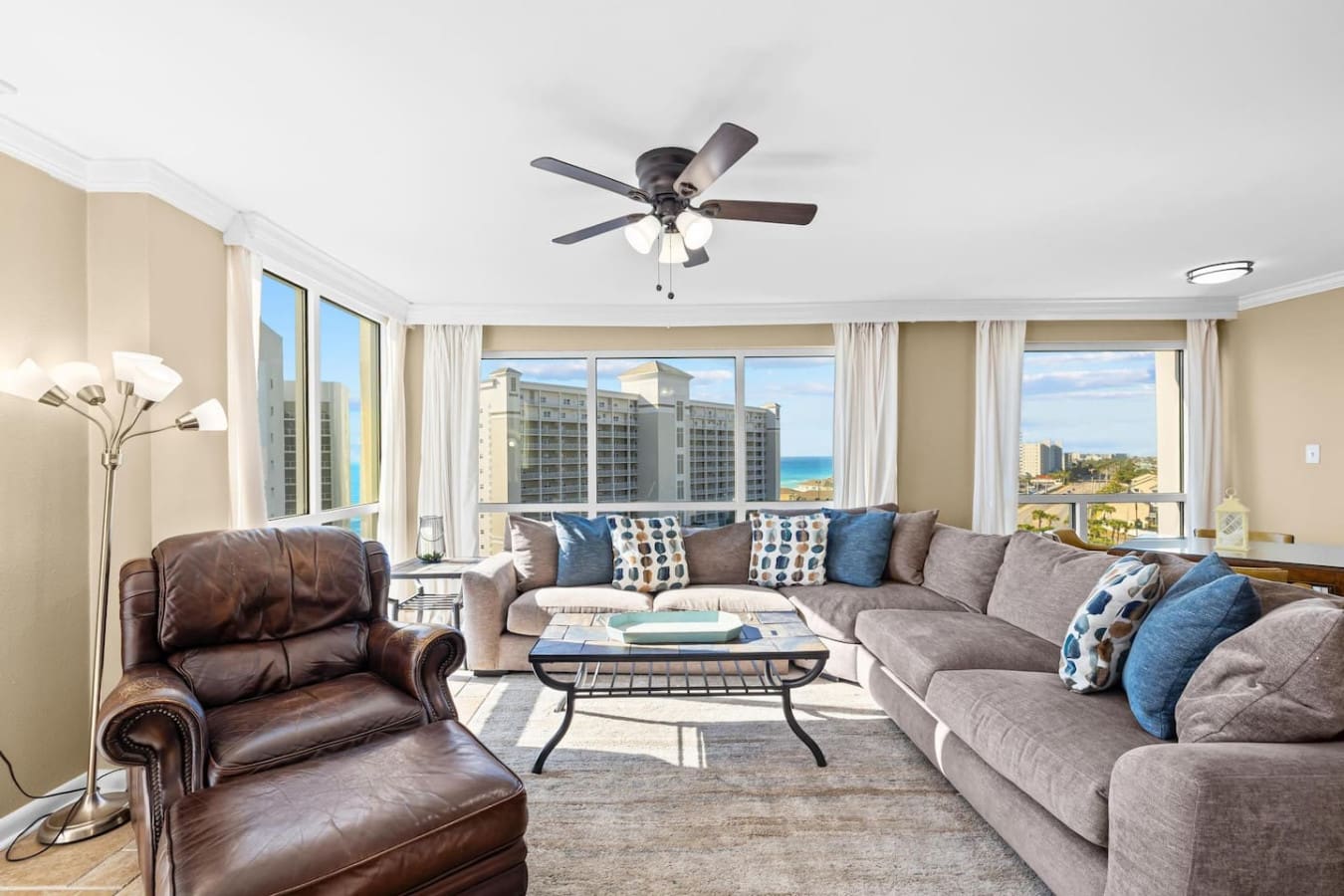 Living room ceiling fan providing added comfort and airflow, helping keep the space cool and relaxing.
